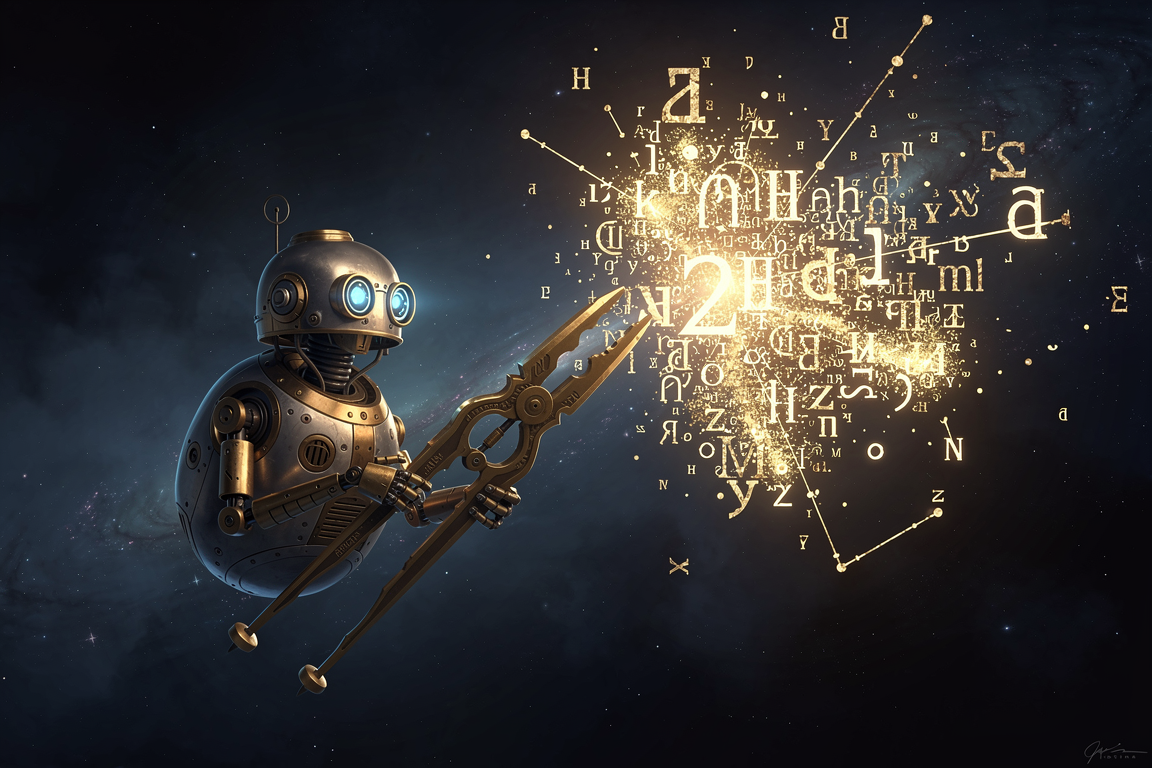 An astronomer robot measuring a constellation of text fragments with golden calipers