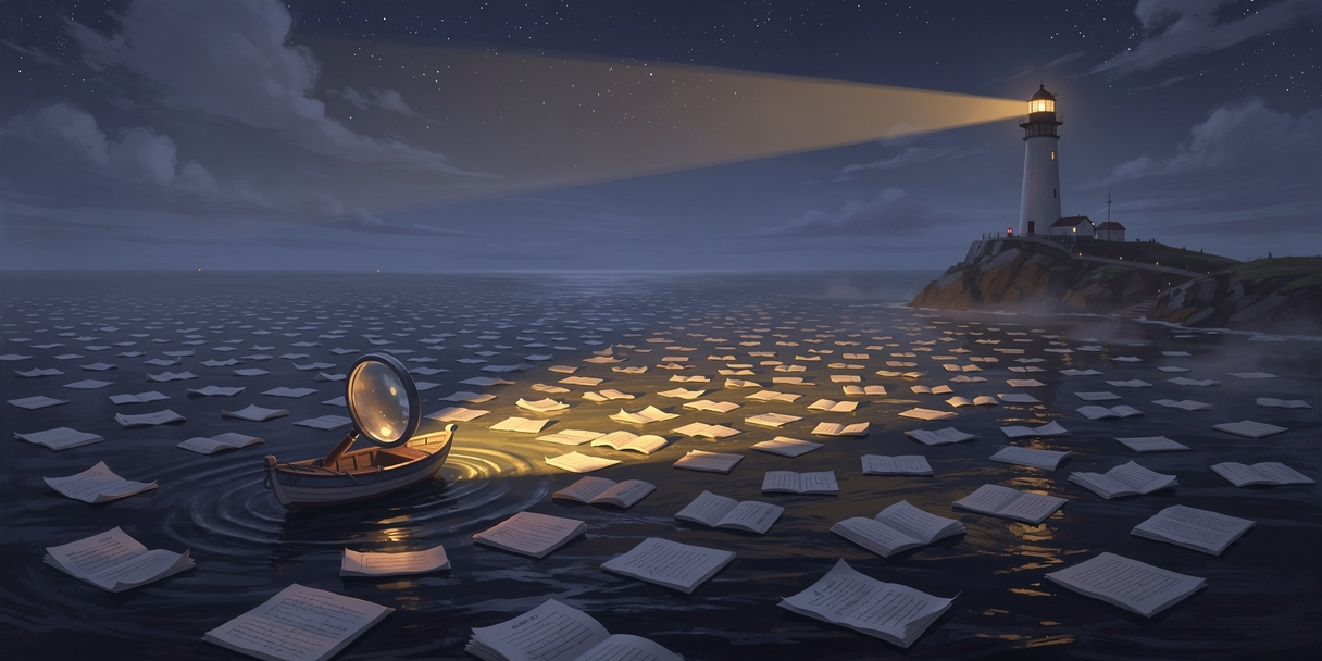 A lighthouse beam sweeping an ocean of floating pages, the lit ones glowing, a magnifying-glass boat sailing between them