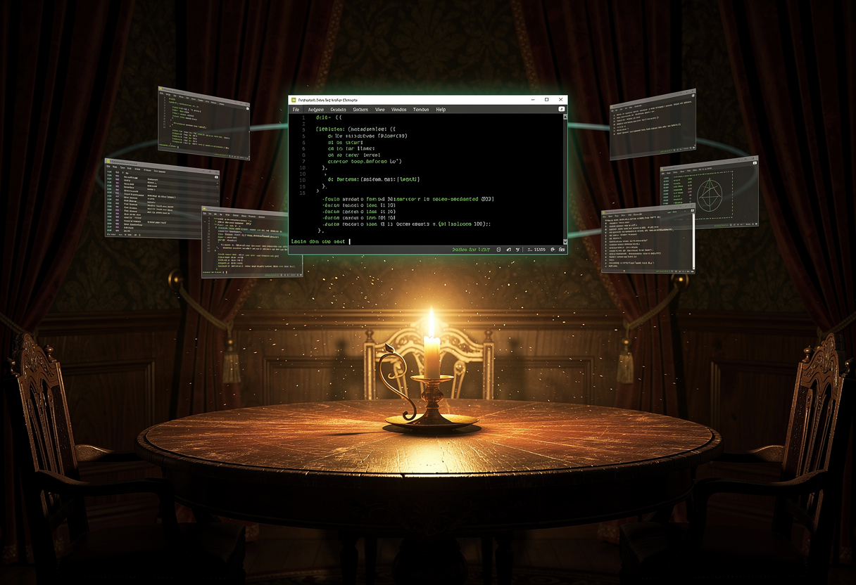 A Victorian séance table lit by a single candle, where instead of a crystal ball a glowing terminal window floats above the table, surrounded by a ring of smaller dimmer terminal windows hovering in the dark