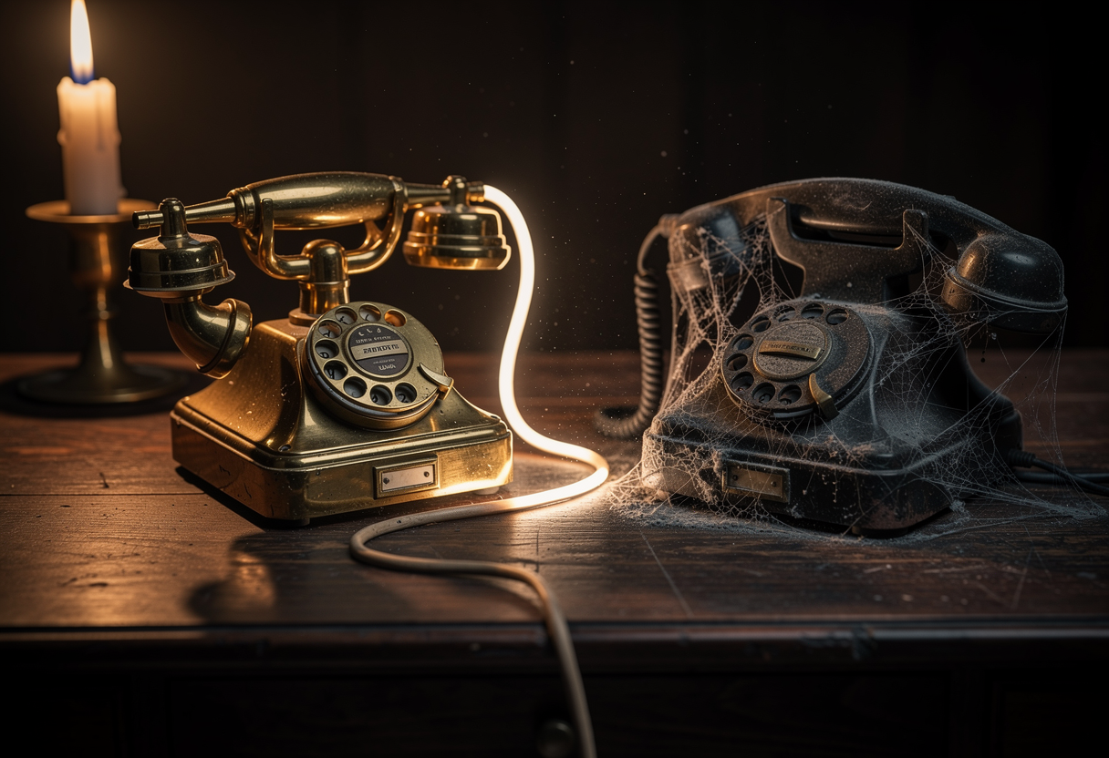Two vintage brass telephones on a dark wooden desk connected by a single glowing cable, one telephone sitting in warm candlelight and the other half covered in cobwebs and dust as if newly woken