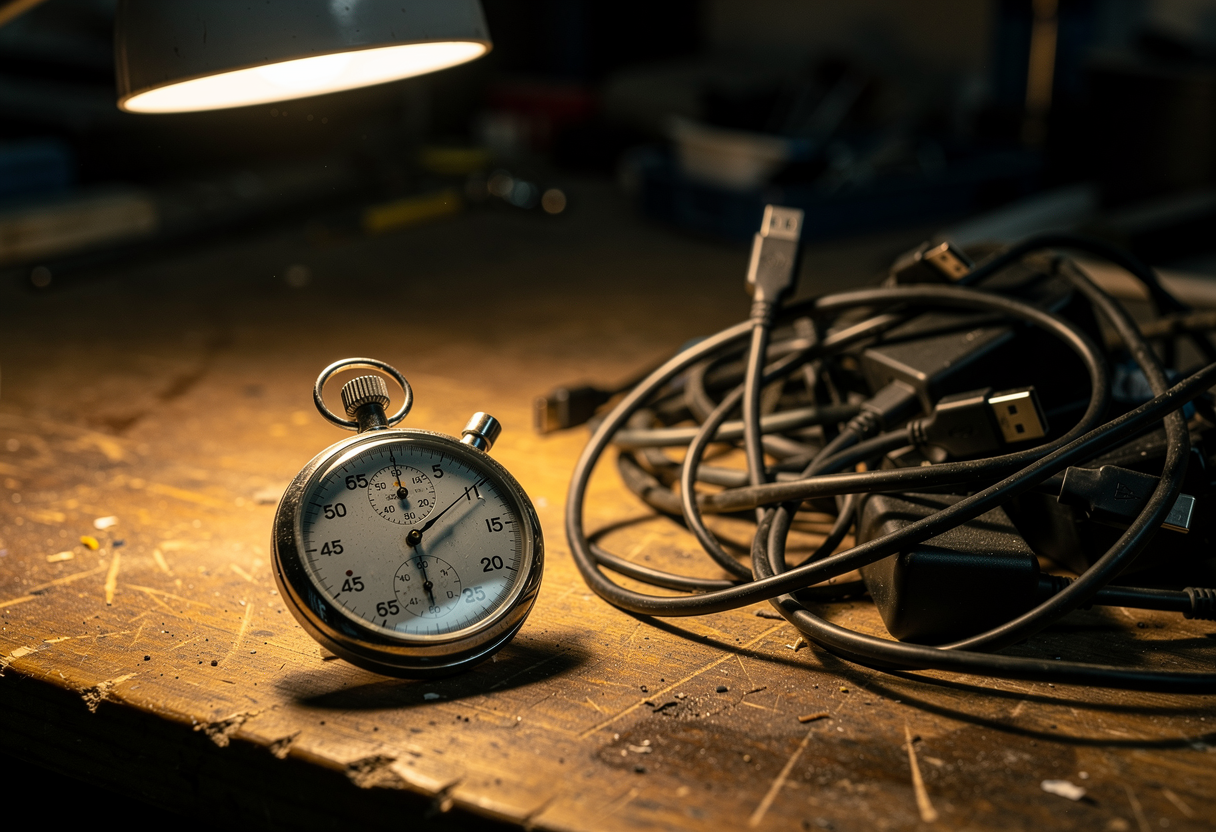 A stopwatch lying on a workbench next to a tangle of unplugged cables and adapters that have just been removed from a small sleek device, lit by a single desk lamp