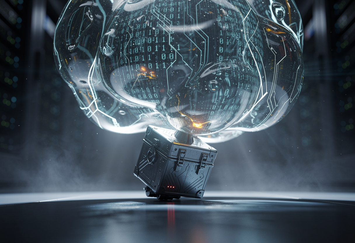 A tiny serverless function box straining under an enormous swollen translucent data blob about to crush it, conceptual, dramatic cold blue lighting
