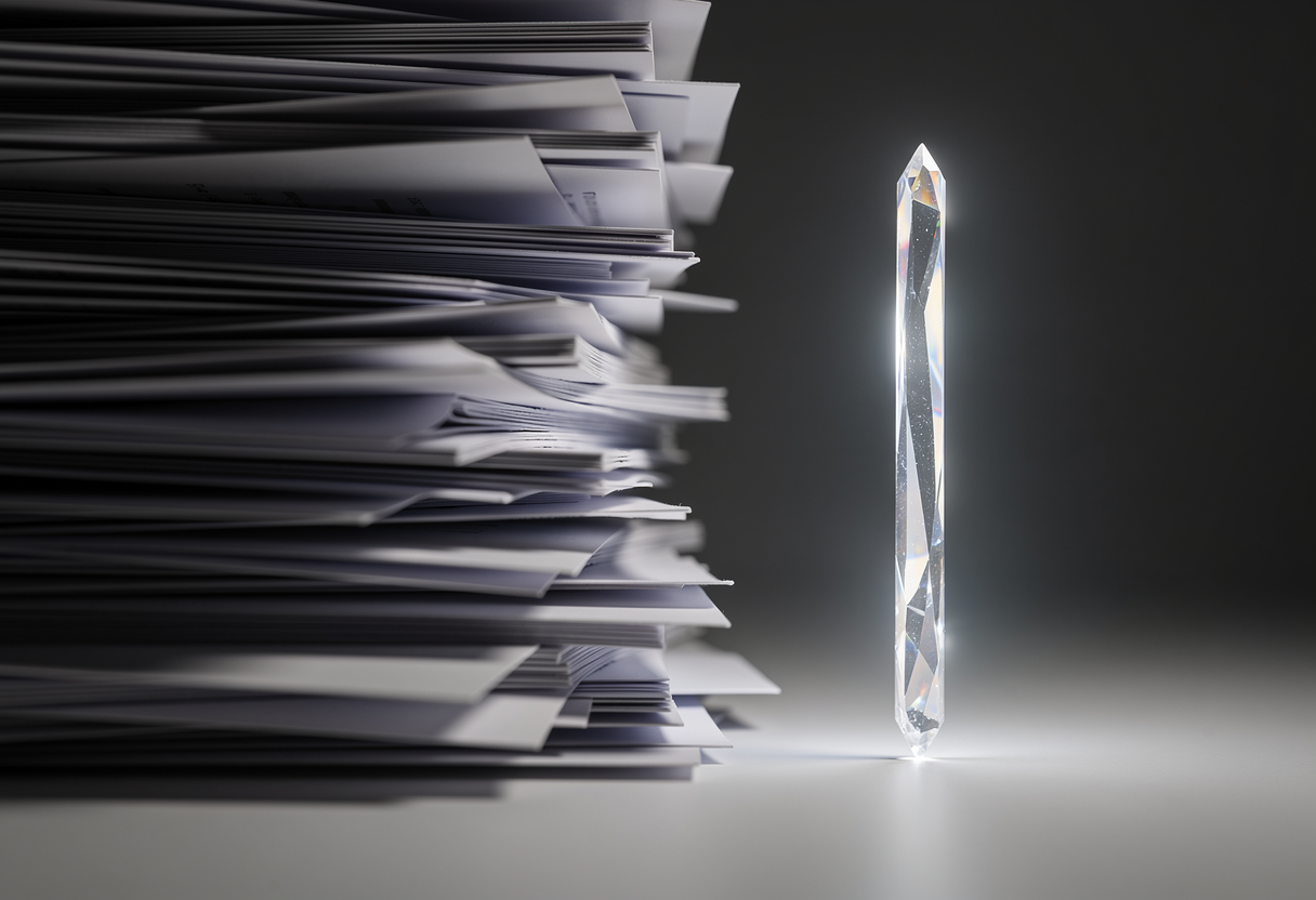 A towering stack of paper compressing down into a single slim glowing crystal sliver