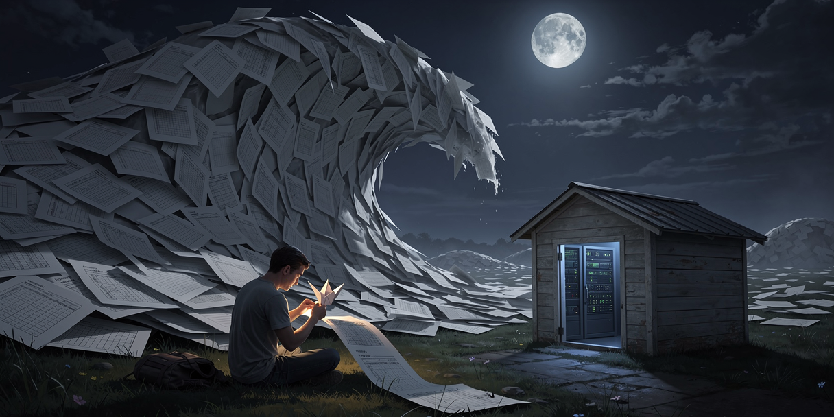 A wave of folded spreadsheet paper looming over a small server shed while a figure calmly folds its edge into an origami crane