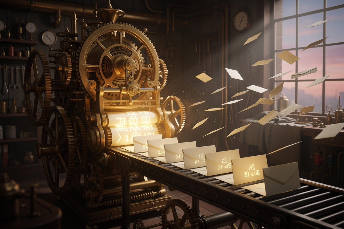 A clockwork calendar machine stamping dates onto envelopes that lift off into the dawn