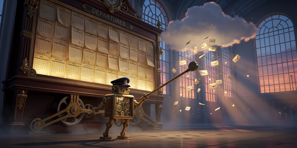 A railway departures board of glowing calendar pages, a clockwork stationmaster pulling a lever at dawn