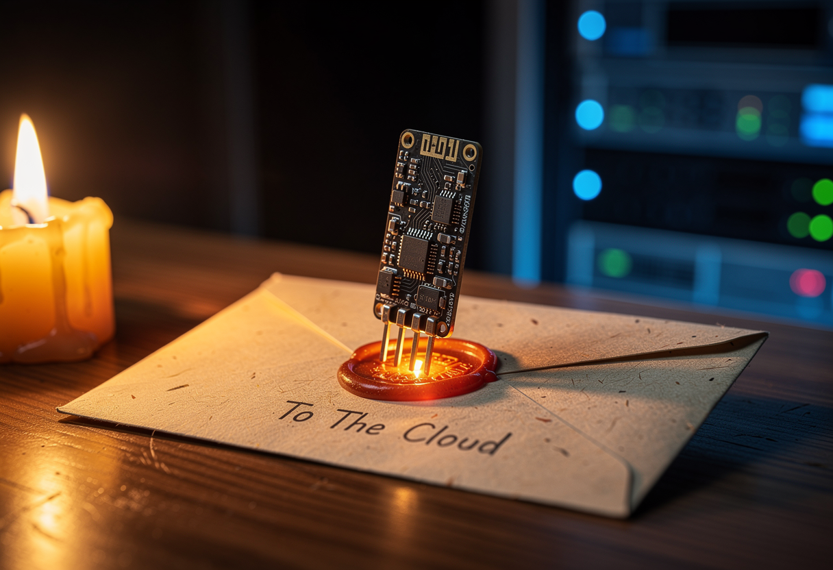 A tiny microcontroller pressing a glowing wax seal onto a parchment envelope addressed to the cloud, macro, warm candlelight against cold blue server glow