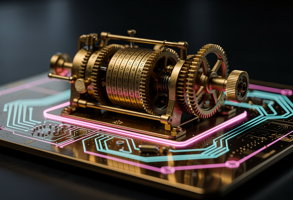 An intricate brass cipher machine of interlocking gears rendered on a silicon wafer, glowing circuit traces