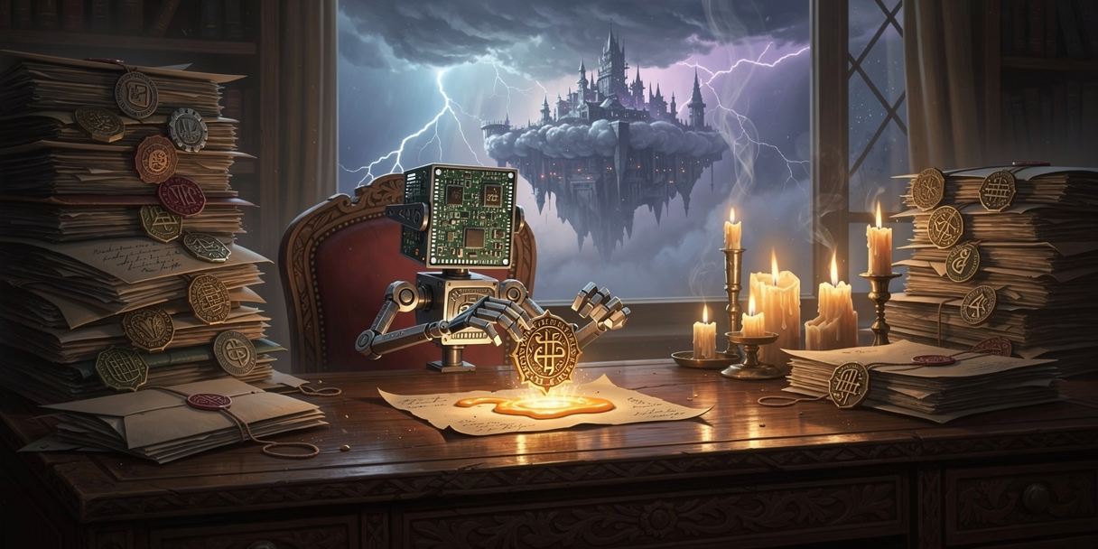 A microcontroller chip as a scribe sealing letters with a cipher seal, a cloud fortress through the window