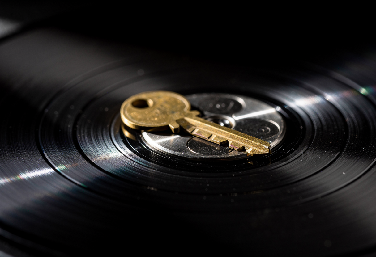 A single tiny brass key lying on a vast dark hard drive platter, the platter surface stretching away into shadow, dramatic single-source lighting, macro photography, shallow depth of field
