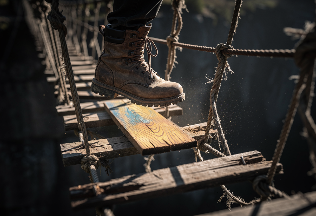 A rope bridge over a chasm with one plank replaced by a painted illusion of a plank, a hiker's boot about to step onto it, dramatic side lighting, conceptual photography