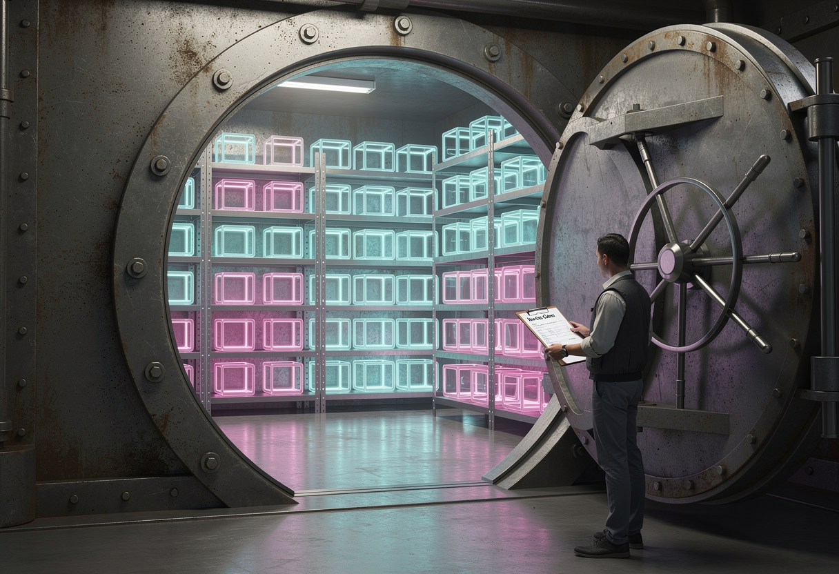 A dusty bank vault standing open to reveal neat rows of glowing glass vector cubes already stacked inside, while a courier waits at the door holding an invoice for new ones
