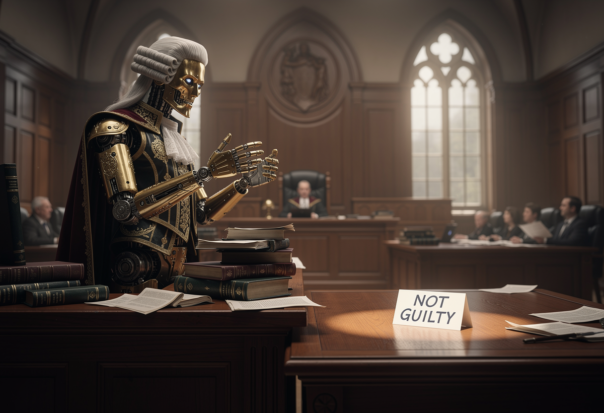 A courtroom scene where a large ornate robot barrister addresses the bench at length while a small paper index card on the opposing desk simply displays the correct verdict