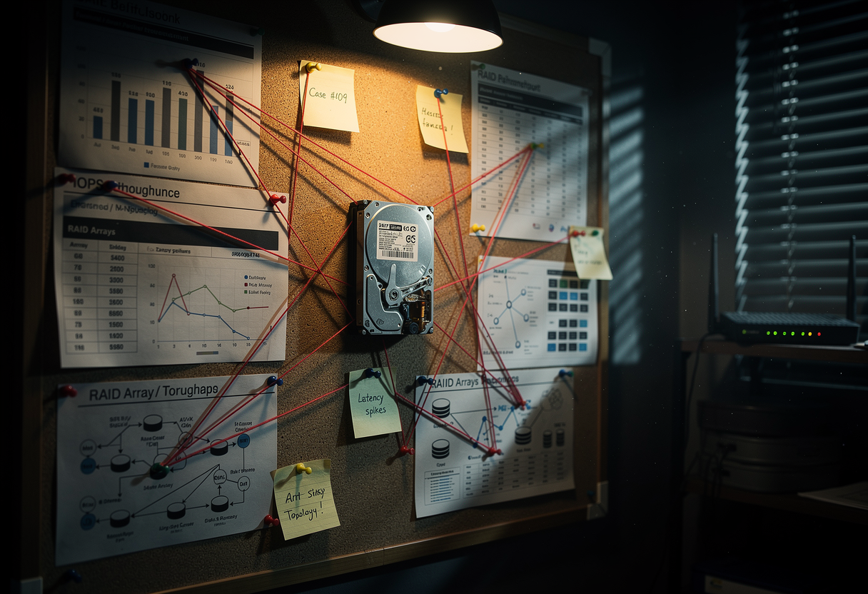 A detective's evidence board covered in benchmark charts and RAID array diagrams connected by red string, all converging on a single hard drive, while in the shadows behind it an unnoticed wireless router blinks quietly
