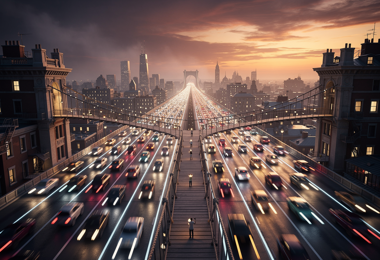 A vast ten-lane motorway of glowing light-traffic funnelling down into a single narrow swaying rope bridge strung through the air between two rooftops, traffic backing up behind it