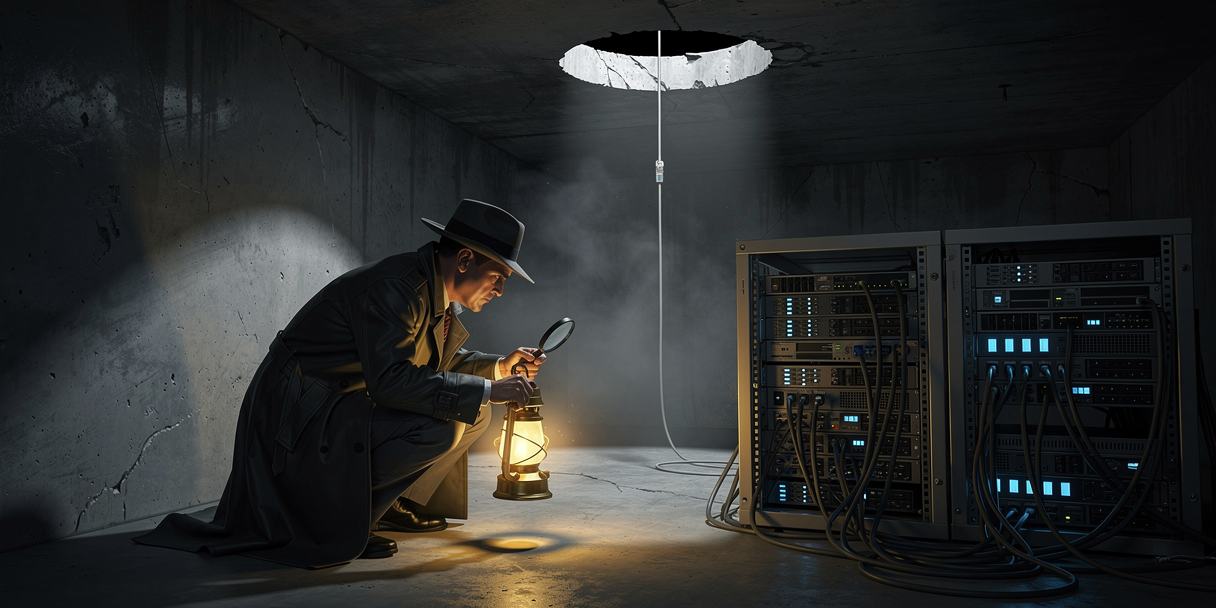 A noir detective examining a server rack while an unnoticed hole in the ceiling dangles an ethernet cable