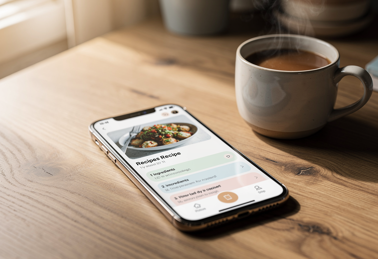 A smartphone on a wooden desk with a warm coffee mug beside it, showing a clean recipe app interface, soft window light, shallow depth of field, editorial photography style