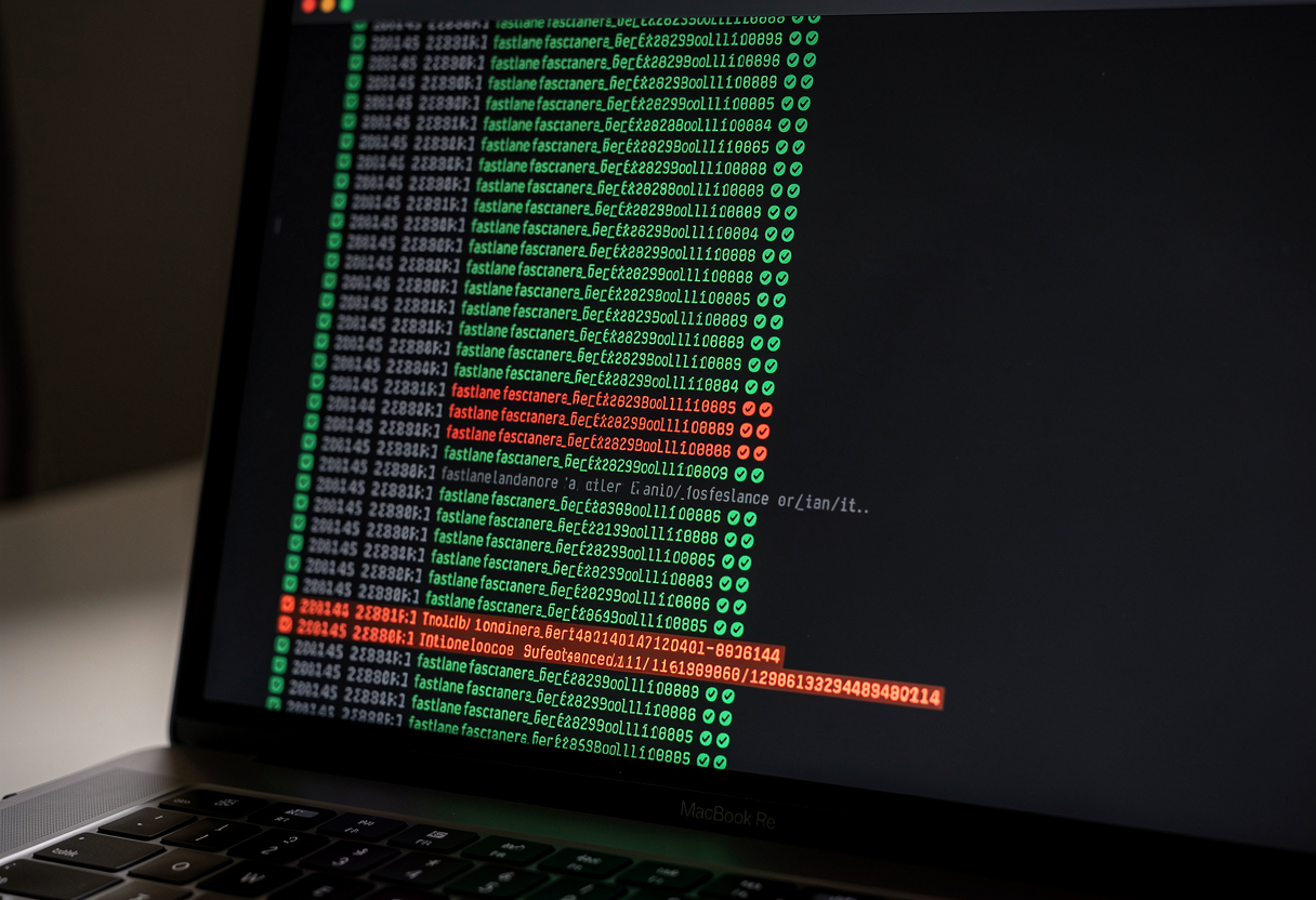 A macOS terminal window showing a long sequence of fastlane build steps, green success checkmarks and red error lines alternating, dark theme, even lighting