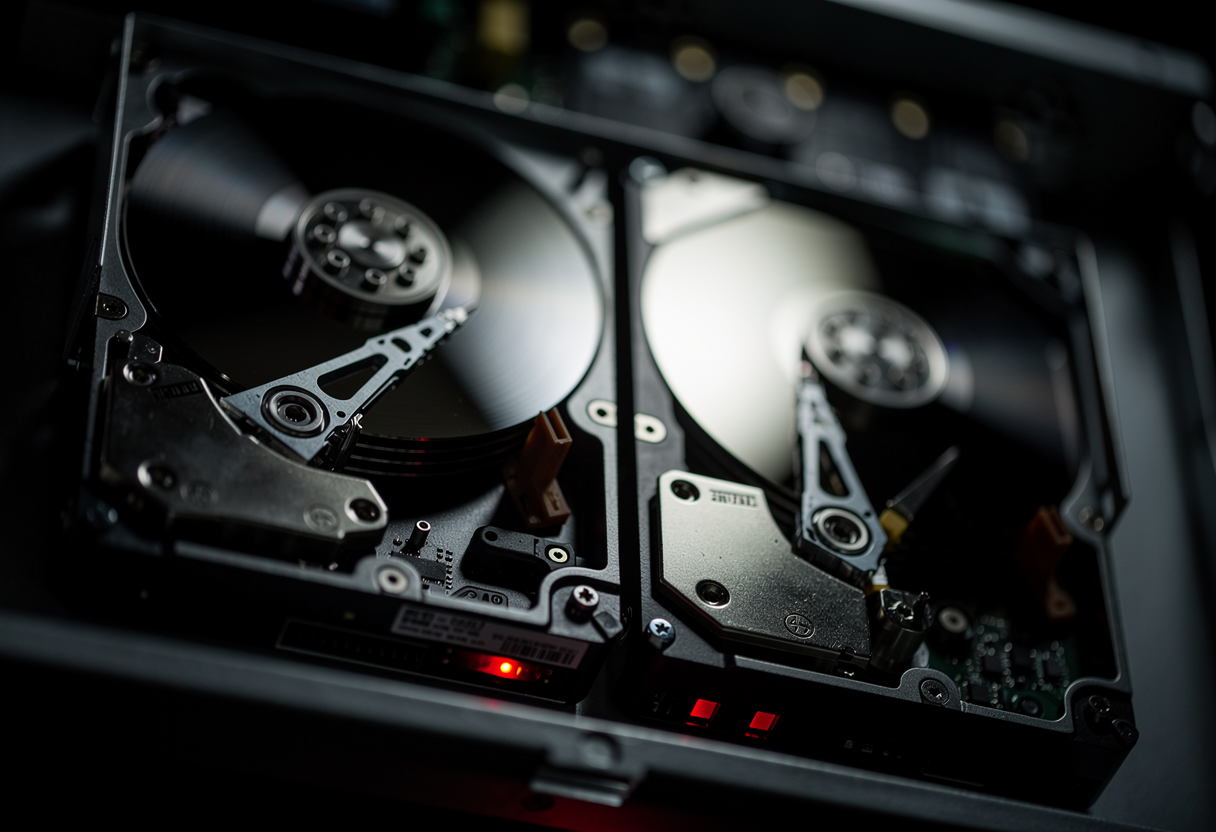 A pair of 3.5-inch hard disk drives in a home server bay under dramatic low-key lighting, actuator arms blurred with motion, faint red status LEDs