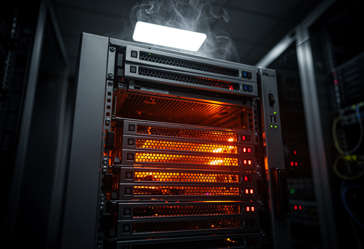 A server straining under heat, glowing orange from within, shimmering air above a rack-mounted chassis, dark room, single hard light source, tense cinematic atmosphere