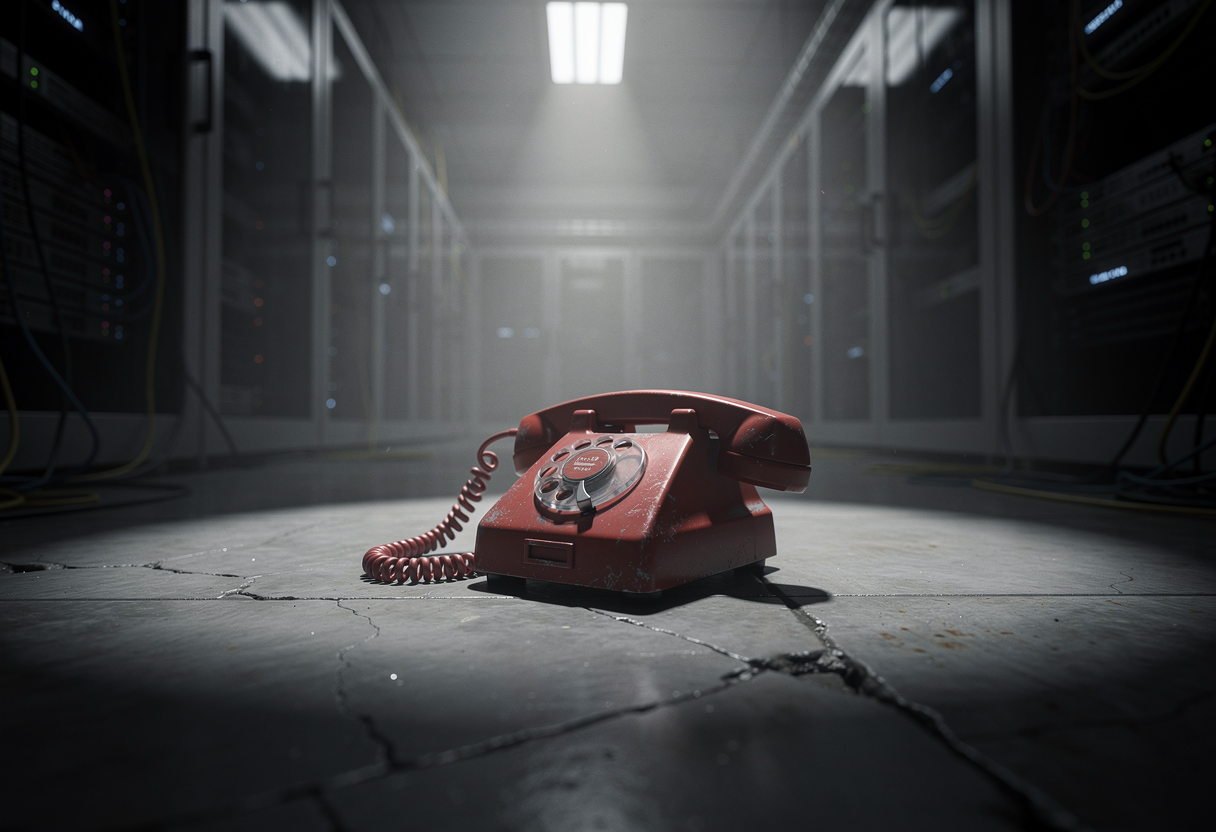 An old red emergency telephone receiver lying off the hook on a concrete floor in an empty server room, single dramatic spotlight, long shadows, desaturated, cinematic, melancholy