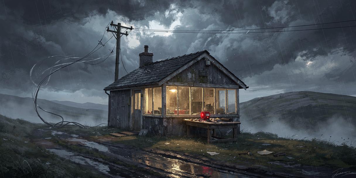 A signal-box cottage in a storm with its telegraph line snapped, an unlit distress flare on the table inside