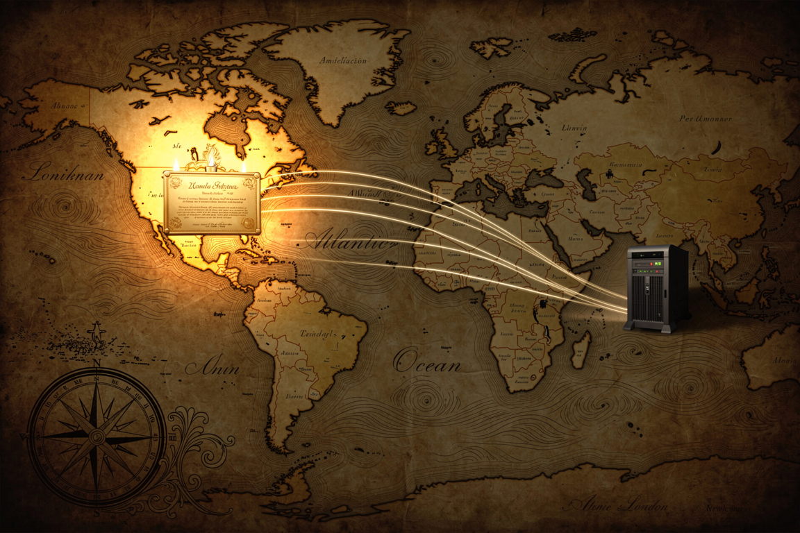 A vintage map of the Atlantic with a certificate seal in America connected by threads of light to a server in London