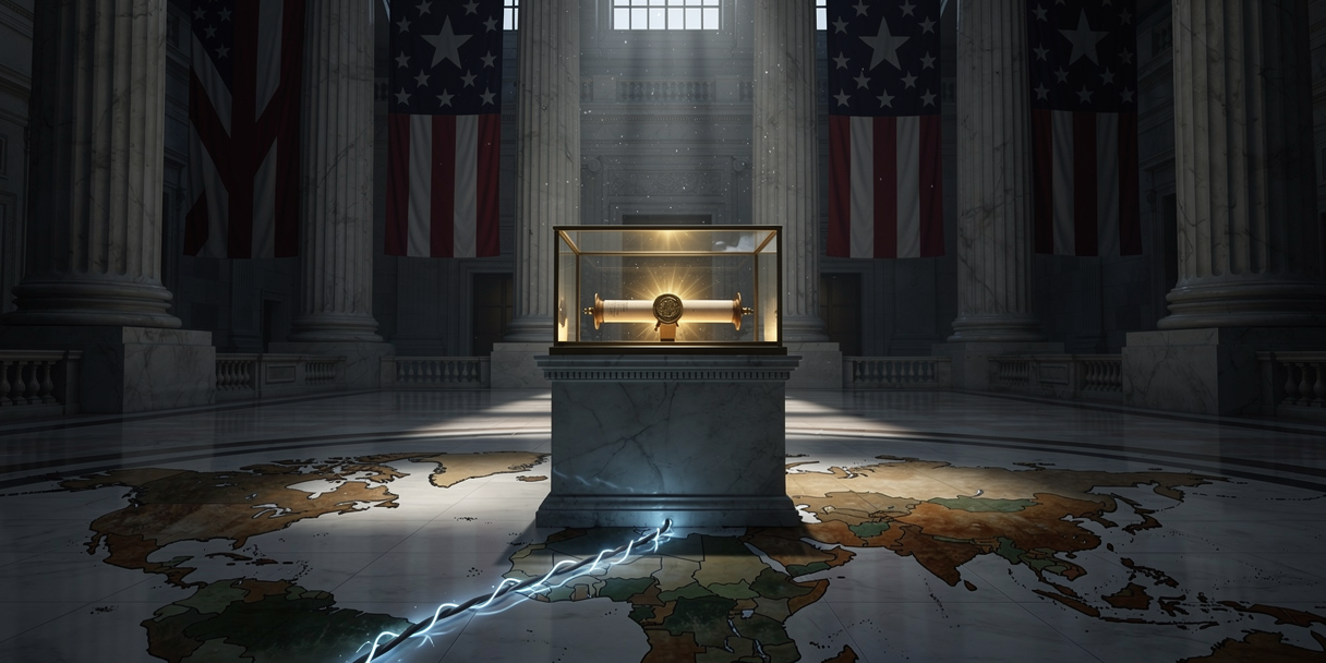A certificate in a glass case in a grand American federal hall, a glowing cable running towards Britain across a map floor