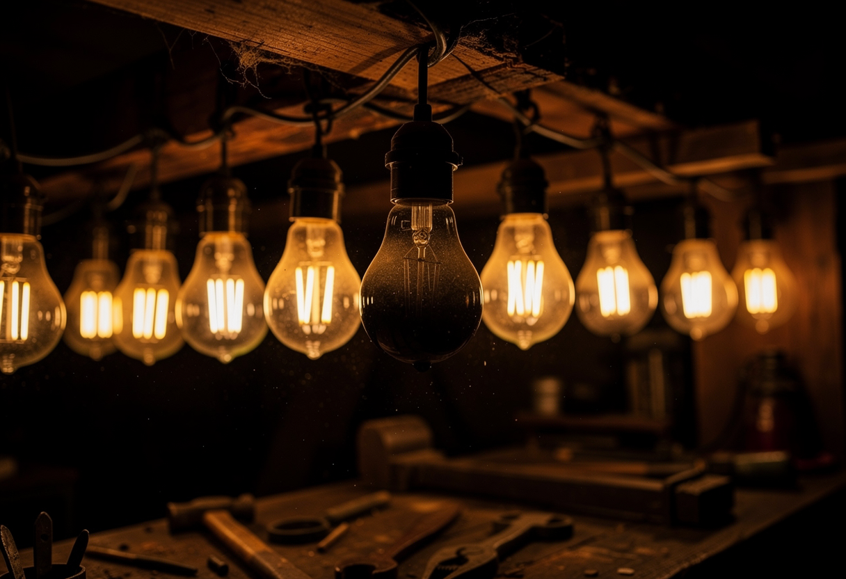 A row of identical light bulbs hanging in a dark workshop, all glowing warmly except one that stays dark, dramatic single-source lighting, shallow depth of field, macro photography