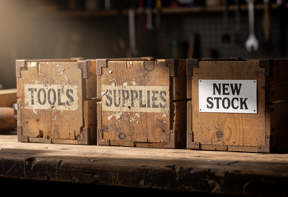 Three identical wooden crates on a workshop bench, two stencilled with faded old markings and one freshly labelled, warm side lighting, shallow depth of field, conceptual still life photography