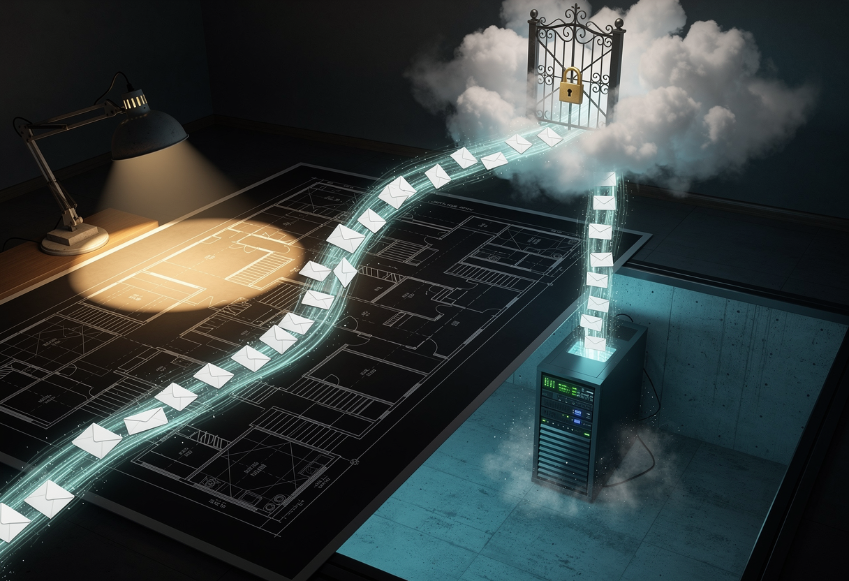 A river of glowing envelopes flowing from a desk lamp's pool of light across a dark map of a house, through a padlocked gate in the clouds, and down into a humming server in a basement