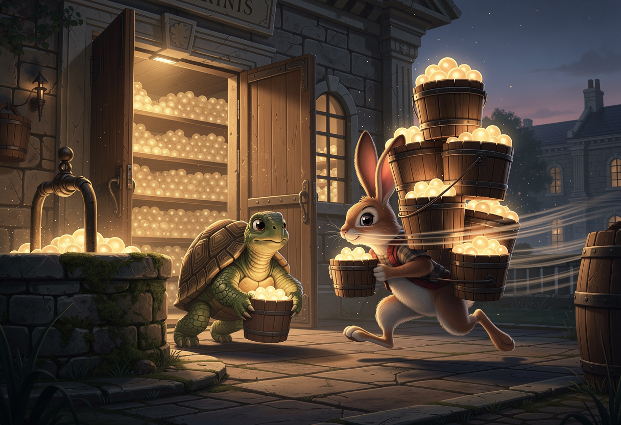 A veteran tortoise and a young hare both carrying buckets of glowing orbs from a shared well into the same archive, the hare sprinting with an enormous stack while the tortoise plods with one
