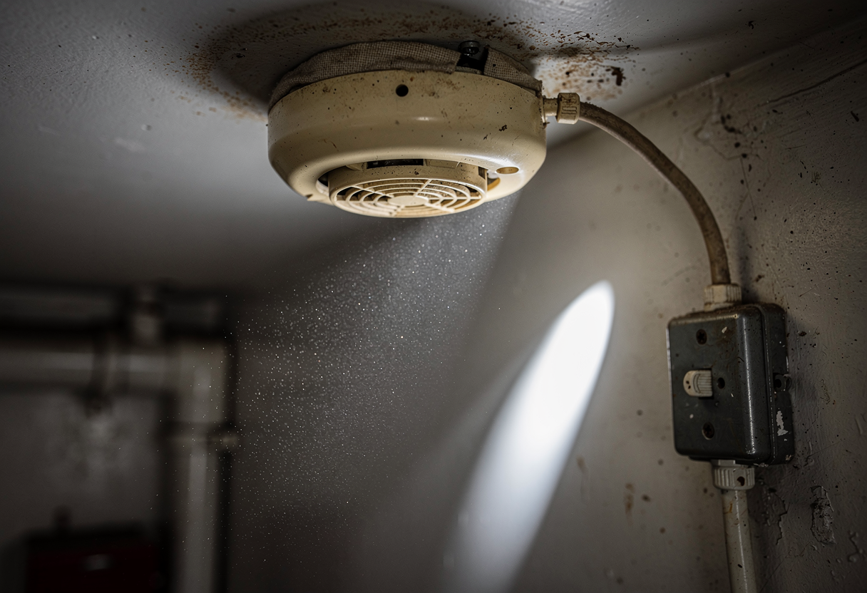 A vintage smoke alarm mounted on a ceiling, wired by a visible cable to the light switch of the same dim utility room, dust motes hanging in a single shaft of light