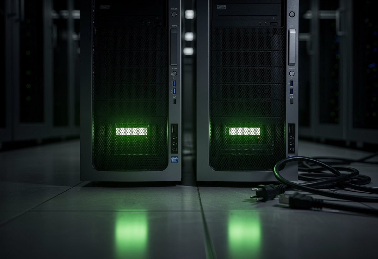 Two server towers standing in a dark room, each casting a green glowing reflection on the floor while behind them their power cables lie unplugged