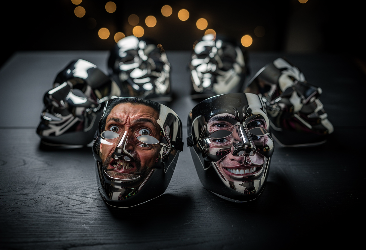 Seven identical mirrored masks arranged in a circle on a dark table, each reflecting a different face back