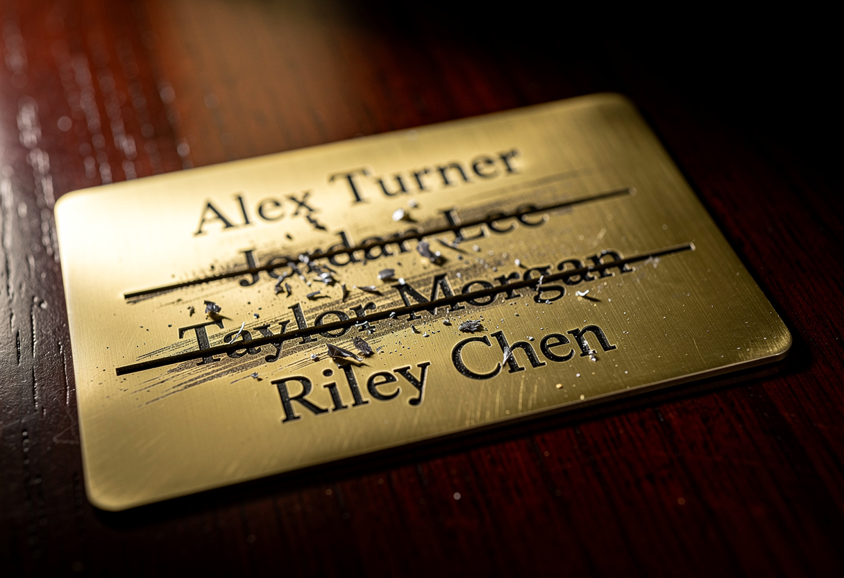 A brass nameplate on a dark wooden desk engraved with a name that has been struck through and rewritten three times