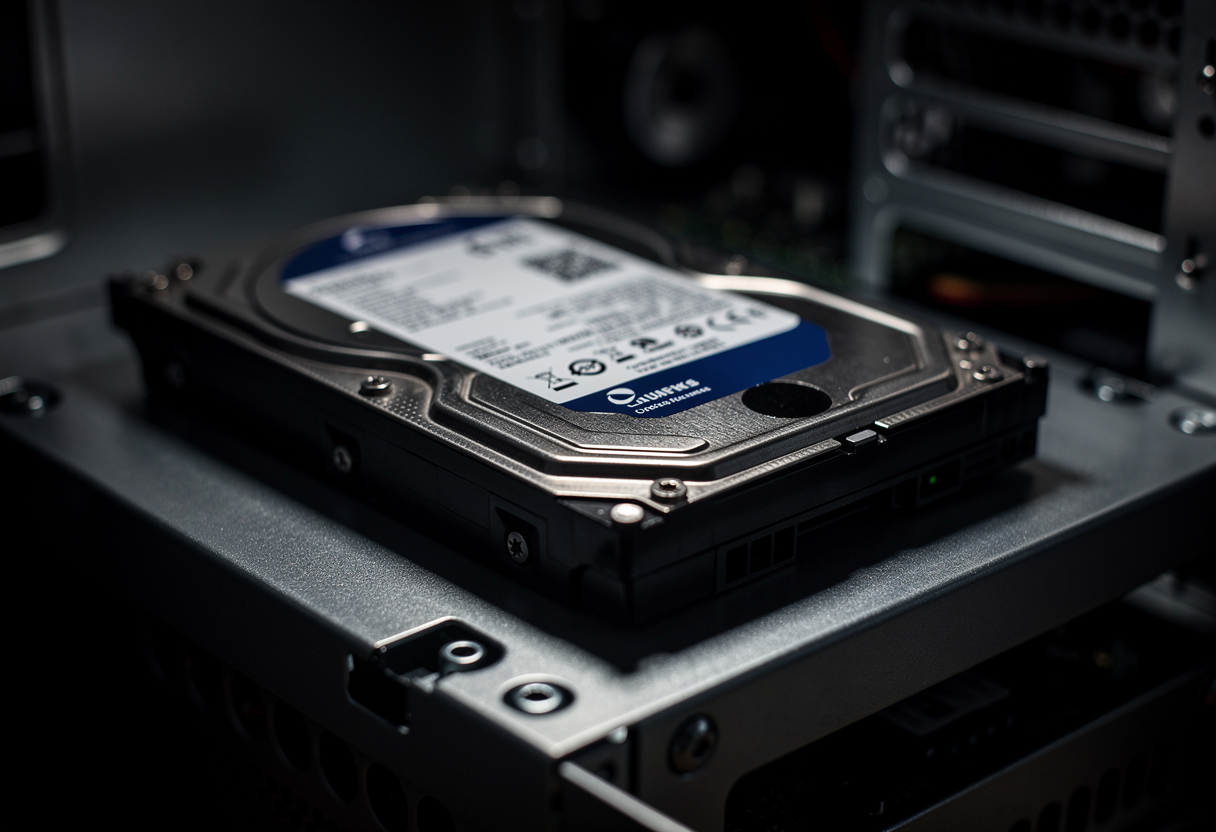 A single 6TB hard drive resting on the steel chassis of a small home server, dramatic low-key lighting, macro, shallow depth of field, the platter implied beneath the casing