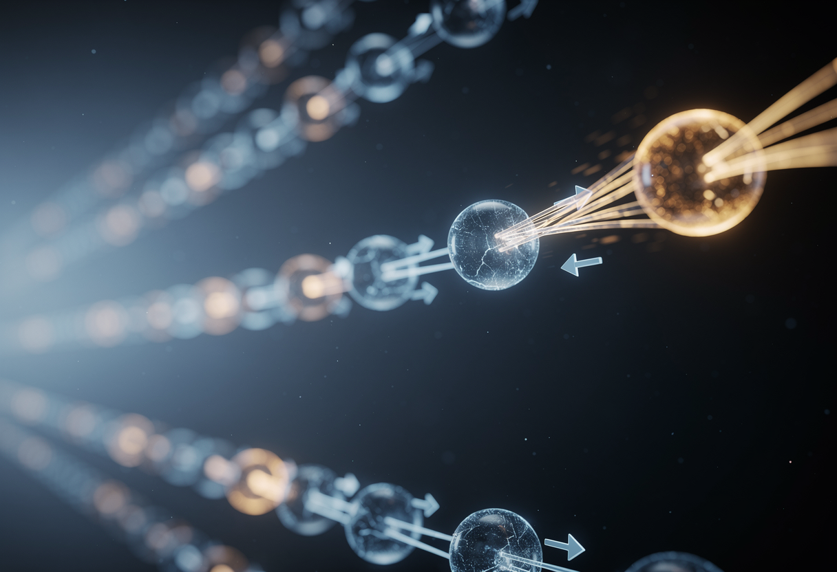 An abstract visualisation of a doubly linked list as glowing nodes in a dark space, one node being pulled out from the far end, cold blue and amber tones