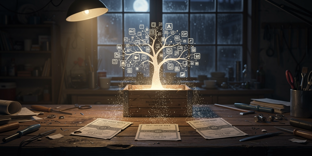 Three paper tickets dissolving into a glowing directory tree growing from a wooden crate