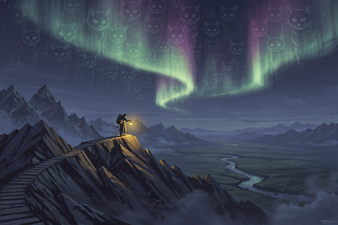 A climber descending a mountain range shaped like a loss curve under an aurora of cat silhouettes