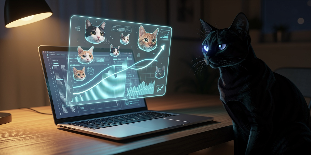 A laptop projecting a hologram of cat faces and training curves while a black cat watches sceptically