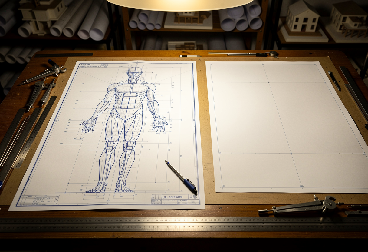 A gleaming architectural blueprint of a human figure on a drafting table, drawn in perfect detail from the front, with the side view still a blank white sheet.