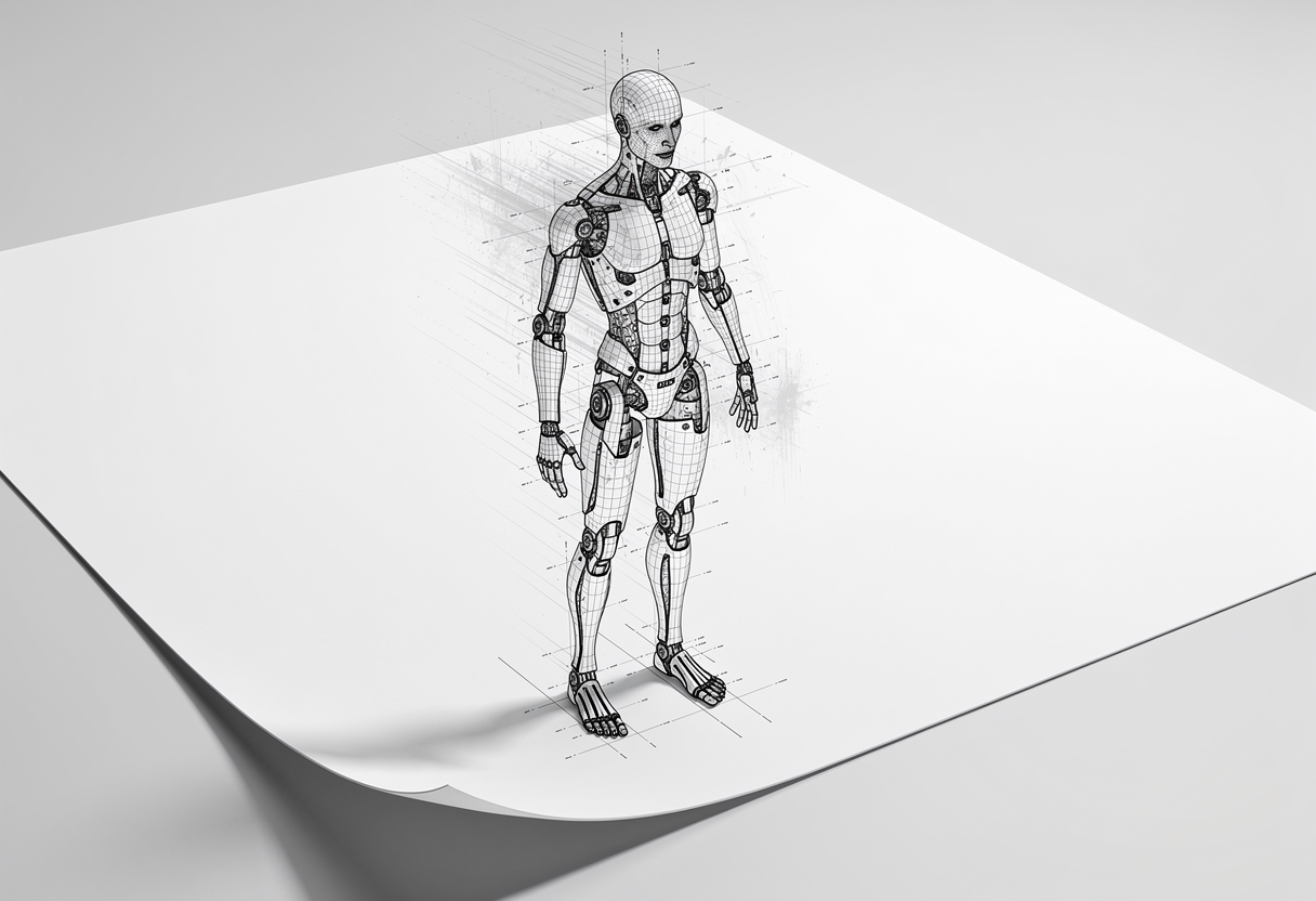 A wireframe human figure standing on a flat sheet of drafting paper, solid and detailed in two dimensions but dissolving into loose lines where it rises off the page.