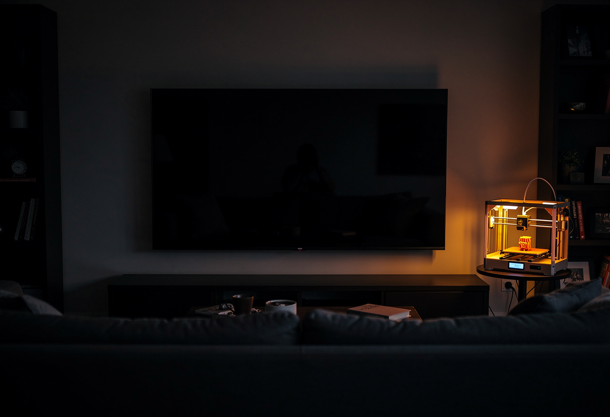 An enormous television dominating a dark living room, showing nothing but black, while a tiny 3D printer on a side table glows warmly and works away unseen