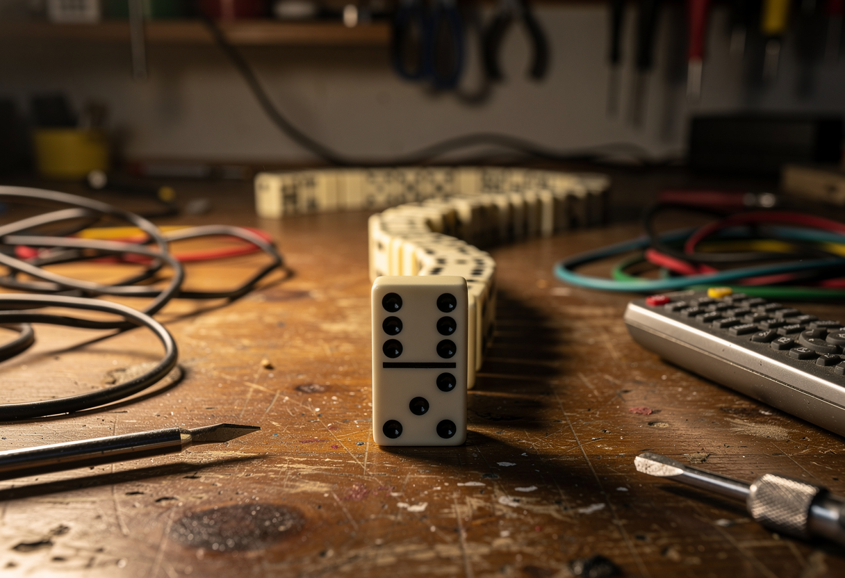 A single innocuous-looking domino standing at the head of a long toppled chain that winds across a workbench strewn with cables, screwdrivers and a television remote