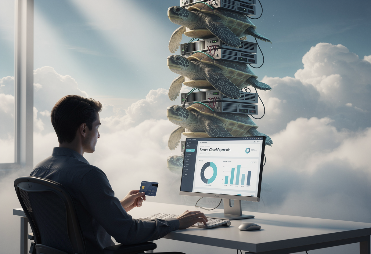 A stack of turtles ascending into clouds, each turtle carrying a small server on its back, and at the very bottom a person sitting at a desk holding a bank card
