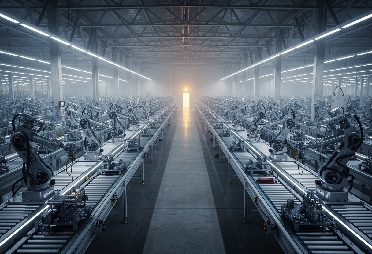 A vast automated factory of conveyor belts and robotic arms assembling other robotic arms, receding into the distance, with one small door at the far end marked by a single warm light