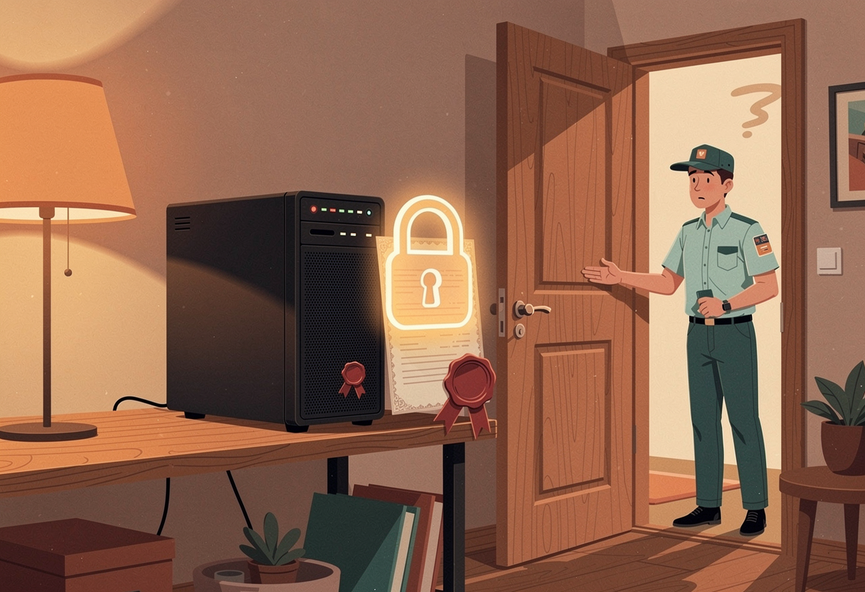 Editorial tech illustration of a small home server blinking on a wooden shelf in a cosy house, guarded by a glowing padlock and a wax certificate seal, a courier turned away at the front door, warm domestic lighting, muted retro palette