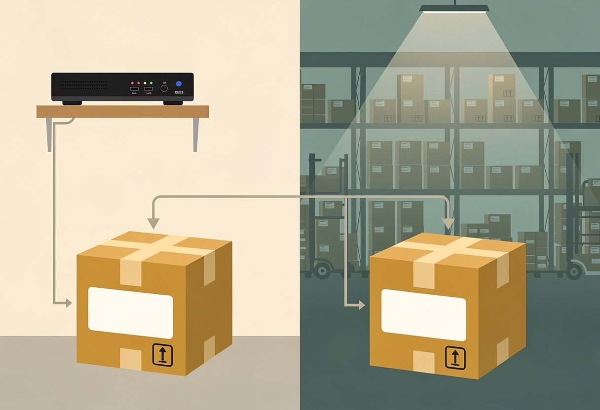 Editorial tech illustration of two identical parcels with deliberately blank address labels, one being routed to a small home server on a shelf and the other to a vast public warehouse, clean flat vector style, muted retro palette