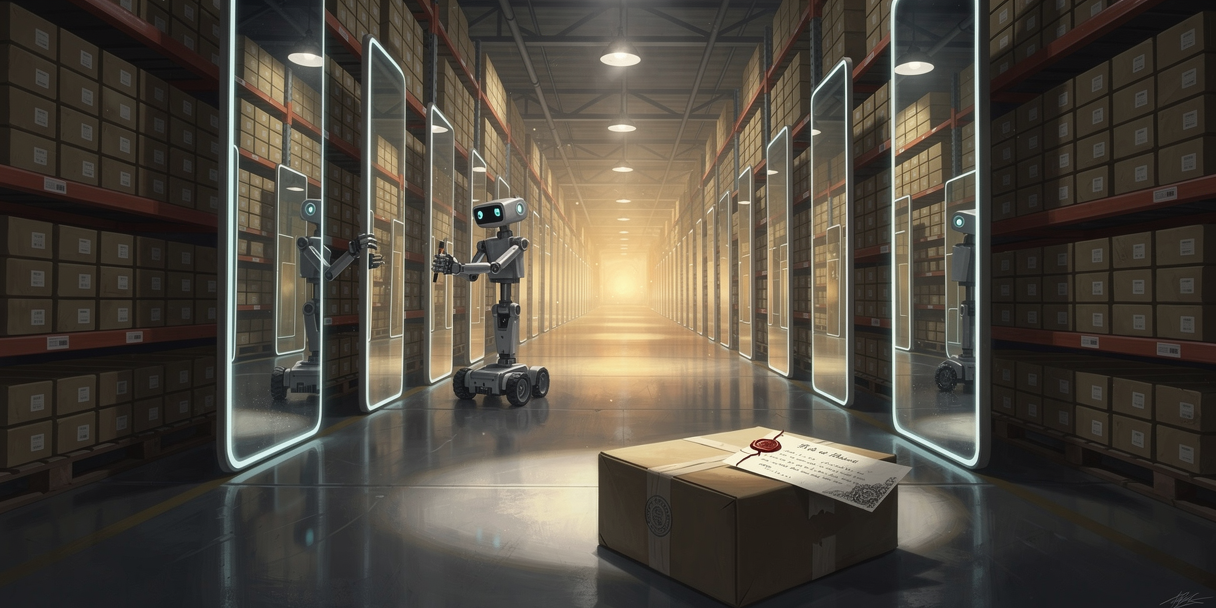 A warehouse of identical parcels being replaced by mirror portals reflecting a single master shelf